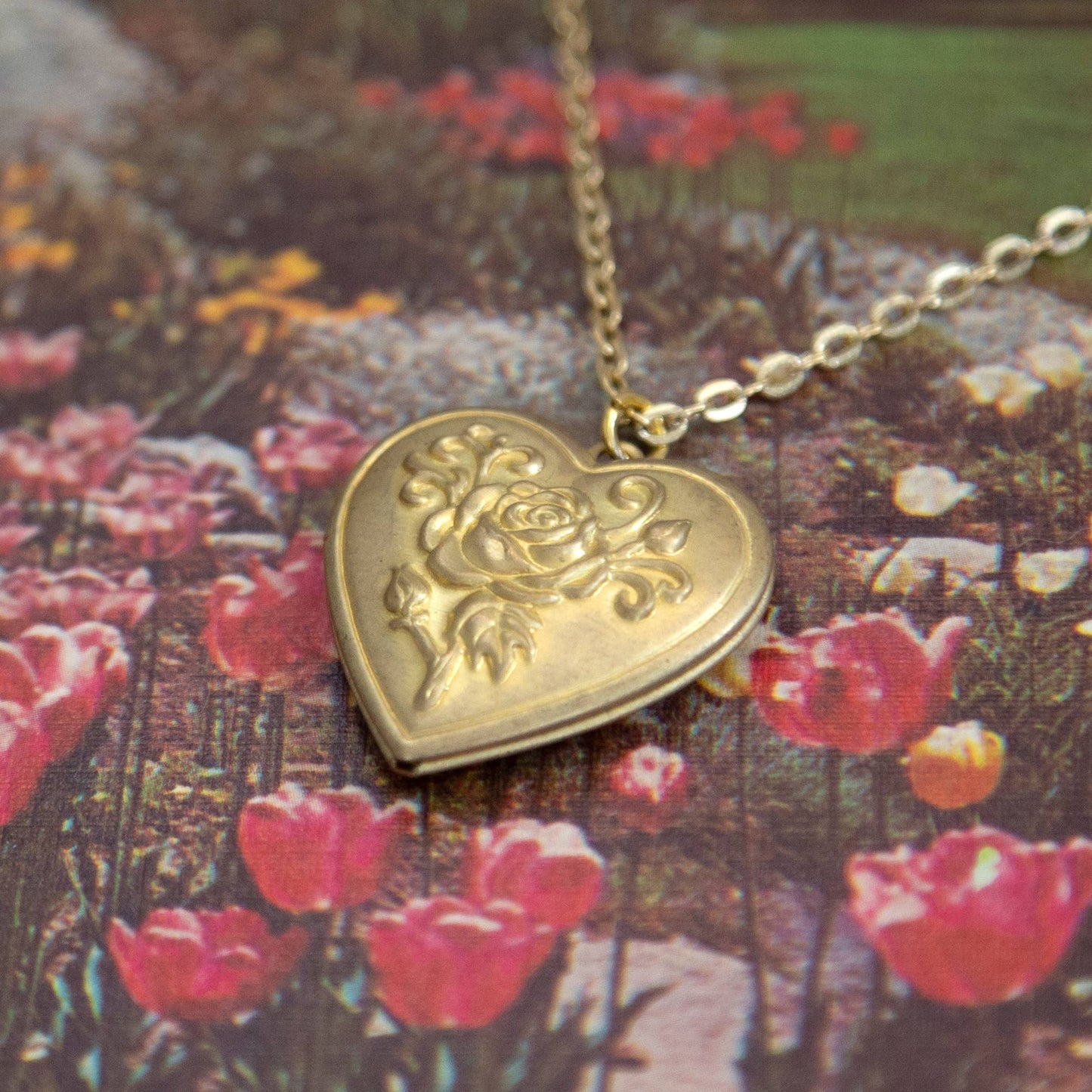 Vintage Rose Heart Locket Necklace