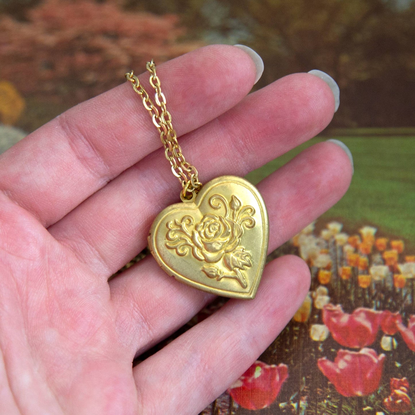 Vintage Rose Heart Locket Necklace